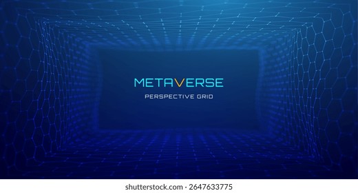 3D perspective grid with hexagon wireframe for metaverse and virtual room blue background. Digital network mesh with tech lines and neon light cyber concept. Futuristic data pattern geometric floor.