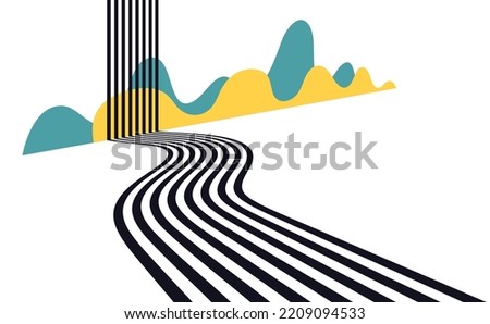 3d perspective horizon road highway black and white lines background. Mountain on backside