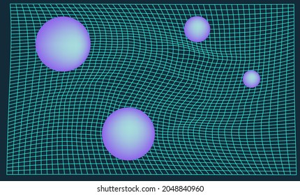 3D perspective laser grid and floating neon spheres. Vector illustration in synthwave nostalgic the 80's style.