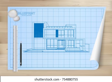 3D perspective of modern house on blueprint paper background. Architectural drawing paper on wooden texture background. Vector illustration.