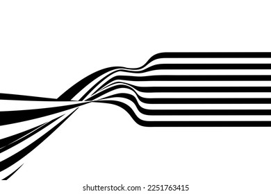 3D Perspective Optical Wave. Abstract Striped Curve for banner, cover, poster, card. Background Network Energy. Minimal flow data. Vector illustration
