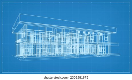 3D perspective render of wireframe architectural construction. 3D building wireframe. Vector illustration.