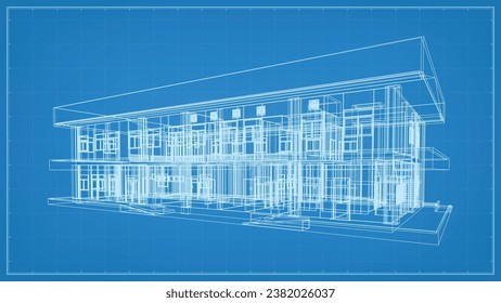 3D perspective render of wireframe architectural construction. 3D building wireframe. Vector illustration.
