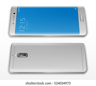 3d Perspective view of edge smartphone. Vector mockup. Cell phone front and back view with dual camera