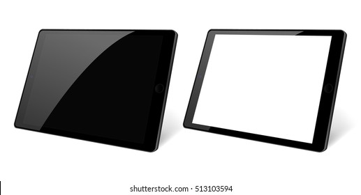 3d Perspective view. Set of black Tablet computer with blank black and white screen isolated. Black device PC. Tablet Vector eps 10 devices illustration. Pad with blank screen.