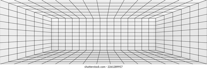 Perspectiva 3D del fondo de la habitación del marco alámbrico. Ilustración vectorial realista del interior de la rejilla rectangular con paredes blancas, techo, suelo, esquinas. Resumen del espacio virtual. Dimensión cibernética