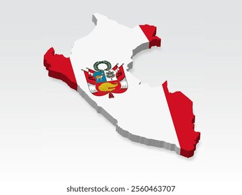 3D  Peru map with flag. Three dimensional map of Peru with shadow. Flag of Republic of Peru on white background for your design, app, UI.  Stock vector. EPS10. 