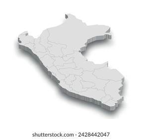 3d Peru white map with regions isolated on white background