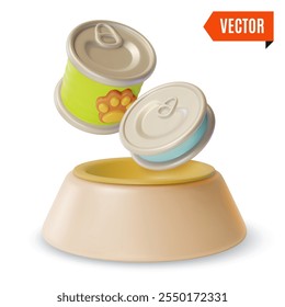 3d Pet Shop Concept Canned Food and Plastic Plate Cartoon Design Style. Vector illustration of Dog or Cat Bowl