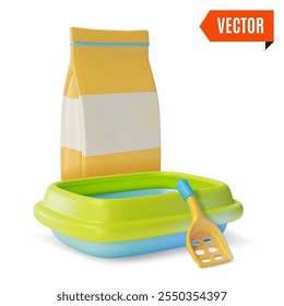 3d Pet Shop Concept Cat Litter Filler Pack, bandeja de inodoro y estilo de diseño de dibujos animados Scoop. Ilustración vectorial