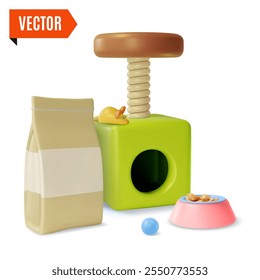 3d Pet Shop Concept Cat House Tower which Scratching Post, Plate and Toys Cartoon Design Style. Vector illustration