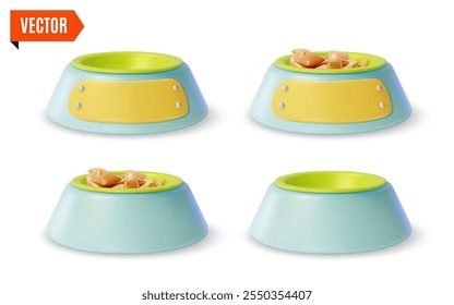 3d Pet Shop Concept Different Plastic Plate Bowl with Place for Name and Empty Set Cartoon Design Style. Vector illustration