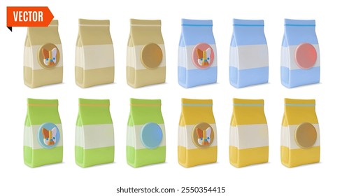 3d Pet Shop Concept Different Color Dog Food Product Paper Bag Package Set Cartoon Design Style. Vector illustration