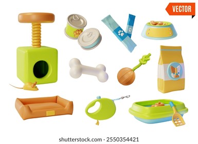 3d Pet Shop Concept Different Products for Domestic Animals Set Cartoon Design Style Include of Dog Bone, Bed, Toys, Litter Filler Pack, Toilet Tray and Scoop. Vector illustration