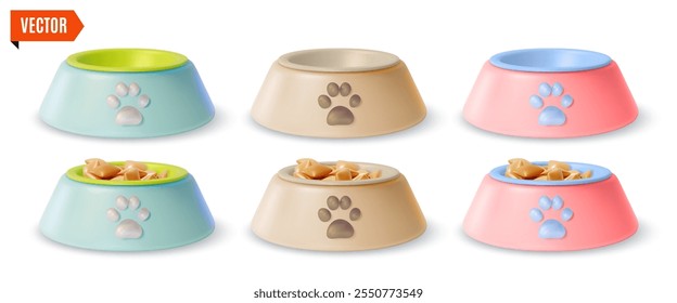 Concepto de tienda de mascotas 3d Diferente color Perro Placa de plástico Tazón con Paw Print Set Estilo de diseño de dibujos animados. Ilustración vectorial