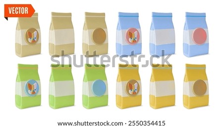 3d Pet Shop Concept Different Color Dog Food Product Paper Bag Package Set Cartoon Design Style. Vector illustration