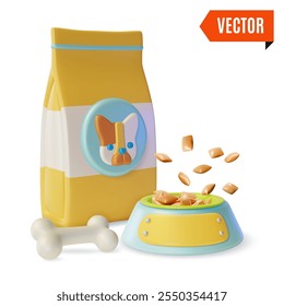 3d Pet Shop conceito cão alimento produto saco de papel pacote, placa e osso brinquedo estilo de design de desenhos animados. Ilustração vetorial