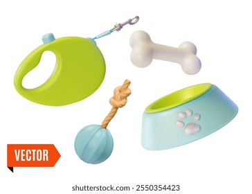 3d Pet Shop Concept Dog Rubber Ball, Plastic Plate Bowl, Bone and Roulette Cartoon Design Style. Vector illustration