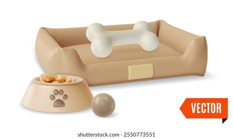 3d Pet Shop Conceito Cama de cachorro, Placa e brinquedos Design de desenhos animados estilo. Ilustração vetorial