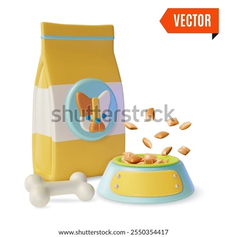 3d Pet Shop Concept Dog Food Product Paper Bag Package, Plate and Bone Toy Cartoon Design Style. Vector illustration