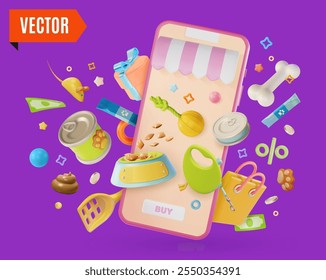 3d Pet Shop Online Sale Concept Background Cartoon Design Style. Vector illustration of Mobile Phone App and Different Products