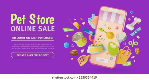 3d Pet Shop Online Sale Concept Ads Banner Promotion Poster Card. Vector illustration of Mobile Phone App and Different Products