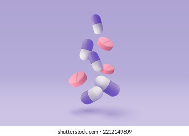 3d pharmacy drug for health pharmaceutical on purple background. Cartoon minimal of first aid and health care. Medical symbol of emergency help. 3d aid medicine icon vector render illustration