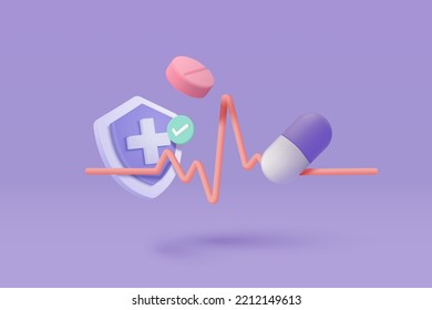 3d pharmacy drug for health pharmaceutical on purple background. Cartoon minimal of first aid and health care. Medical symbol of emergency help. 3d aid medicine icon vector render illustration