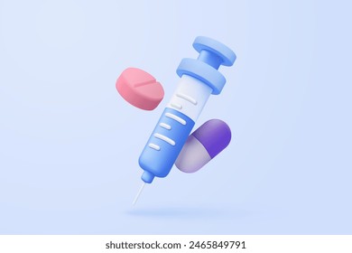 3d pharmacy drug for health pharmaceutical on blue background. Cartoon minimal of first aid and health care. Medical symbol of emergency help. 3d aid medicine icon vector render illustration