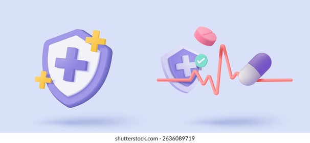 3d pharmacy drug for health pharmaceutical icon signs. cardiology of first aid and health care concepts. Medical symbol of emergency help with clinical. 3d heal medic icon vector render illustration