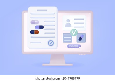 3d farmacia online. Registro, compra de medicamentos a través de Internet. Nombramiento electrónico del tratamiento médico, examen en línea, diagnóstico, farmacia. Tarjeta de paciente, receta de Rx. Vector