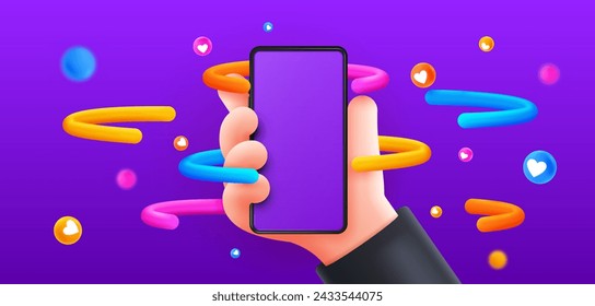 3D phone abstract figure. Modern technologies and innovations. Cyberspace and metaverse. Hand with smartphone, gadget and device. Cartoon isometric vector illustration isolated on violet background