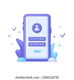 3D Phone And Account Login And Password Form Page. User Authorization, Sign In To Account, Authentication Page. Can Be Used For Many Purposes. Trendy And Modern Vector In 3d Style.