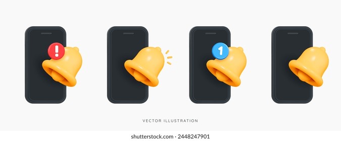 Teléfono 3D con icono de conjunto de notificaciones de campana. Nuevo mensaje de entrada entrante. Recordatorio de medios sociales. Aviso del Suscribirse. Notificacion Push. Iconos de diseño creativo de dibujos animados aislados en blanco. Objetos vectoriales 3D