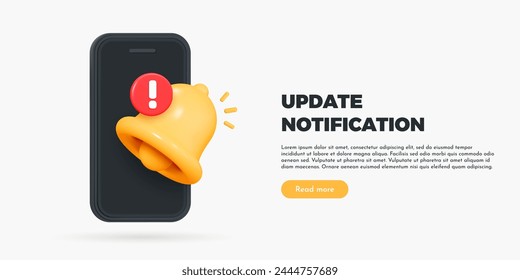 Teléfono 3D con notificaciones de Bell y tiempo de Actualizar. Suscribirse a Mejorar. Nuevo mensaje importante. Recordatorio de medios sociales. software de Actualizar. Ilustración vectorial de diseño creativo de dibujos animados para Anuncio de página de Web 