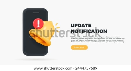 3D Phone with Bell notifications and update time. Subscribe to upgrade. New important message. Social media reminder. Update software. Cartoon creative design vector illustration for web page banner 