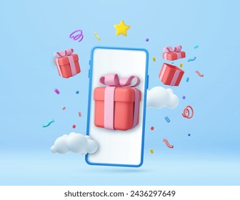 3d Phone, box, app, fortune. Gift-opening, sharing gifts online, greeting cards, guest invitation, unpacking present 3d rendering Vector illustration