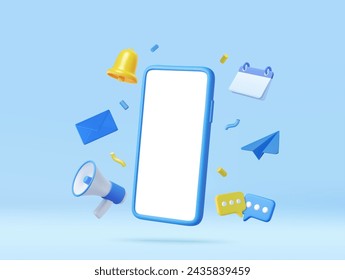 3d Phone with business management app. Online news and work. Business marketing concept. Smartphone with megaphone, bell and message. 3d rendering. Vector illustration