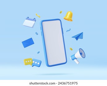 3d Phone with business management app. Online news and work. Business marketing concept. Smartphone with megaphone, bell and message. 3d rendering. Vector illustration