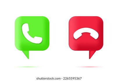 3d phone call button icon set. Accept and decline, green and red sign. Incoming messenger phone call symbol. Template design for ui, ux, mobile app. Vector illustration