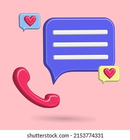 3D phone call icon activity, customer care conversation with love speech balloon, pink background