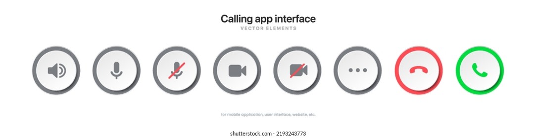 3d phone calling icon set. Streaming icon set. Video call buttons set. Collection of internet conversation buttons. A set of video communication elements. Call screen interface. Stock vector EPS10