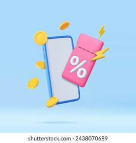 3d Phone with coupon with flash and gold coins fly. For big sales and profitable online purchases. Premium special price offers sale coupon , online shopping. 3d rendering. Vector illustration