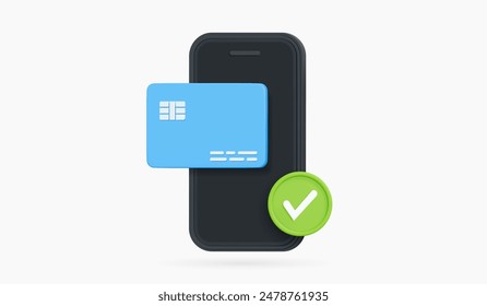 Teléfono 3D con tarjeta de crédito y marca de verificación. Concepto de pago en línea. Transacción por Internet confirmada a través del smartphone. Transferencia de dinero digital. Cartera bancaria segura o verificada. Icono de diseño de dibujos animados. Vector 3D