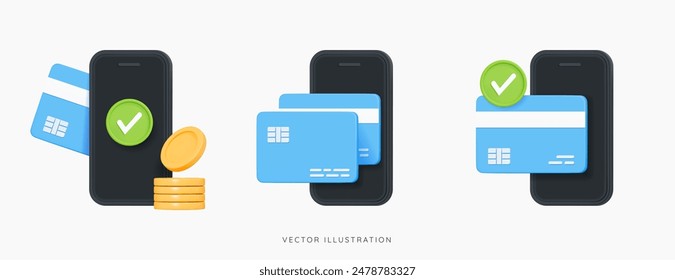 3D Phone with credit card, check mark and coins. Online payment concept. Confirmed internet transaction. Digital money transfer. Secured or verified bank wallet. Cartoon design icon set. 3D Vector