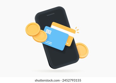 3D Phone with credit card and coins. Online payment concept. Mobile wallet application. Banking app. Transfer money Shopping with wireless pay. Cartoon creative design icon. 3D Vector illustration