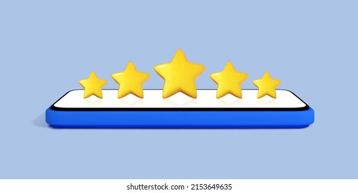 3D Phone with customer feedback. Smartphone with five star rating on the screen. Positive user reviews. Five gold star rate. Online assessment concept. Vector 3d illustration
