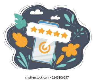 3D Phone with customer feedback. Smartphone with five star rating on the screen. Positive user reviews. Five gold star rate. Online assessment concept. Vector 3d illustration
