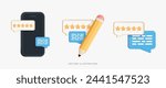3D Phone with customer feedback and speech bubble message. Write comment on product. Positive user reviews. Satisfaction survey. Best rating. Set cartoon creative vector design icons isolated on white