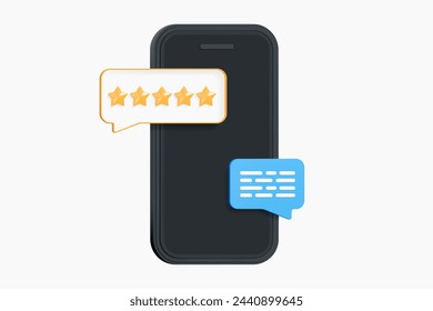 Teléfono 3D con comentarios del cliente y mensaje de burbuja de voz. Smartphone con clasificación de cinco estrellas en pantalla. Opiniones positivas de los usuarios. Encuesta de satisfacción. Icono de diseño creativo de dibujos animados aislado en blanco